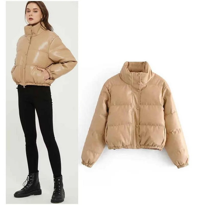 Padded Lady DownJacket Winter Warm Thick PU Leather Coat Short Parka Fashion Cotton 240930