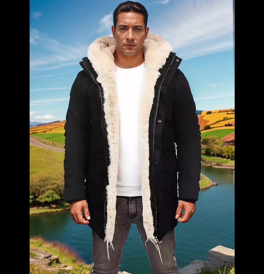 Winter mens fur integrated hooded thick warm artificial leather cotton casual windproof jacket 240930