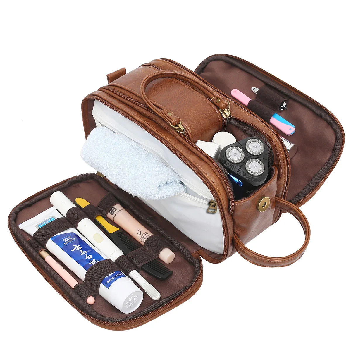 High capacity soft PU leather toilet bag portable waterproof travel makeup bag 2024 mens style 241008