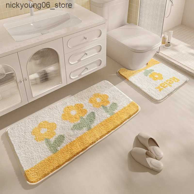 Non-Slip Bath Mats Yellow Flower Bath Mat Set Thick Flocking Microfiber Bathroom Carpet Toilet Foot Mat Non-slip Water Absorbent Rug Doormat L240910