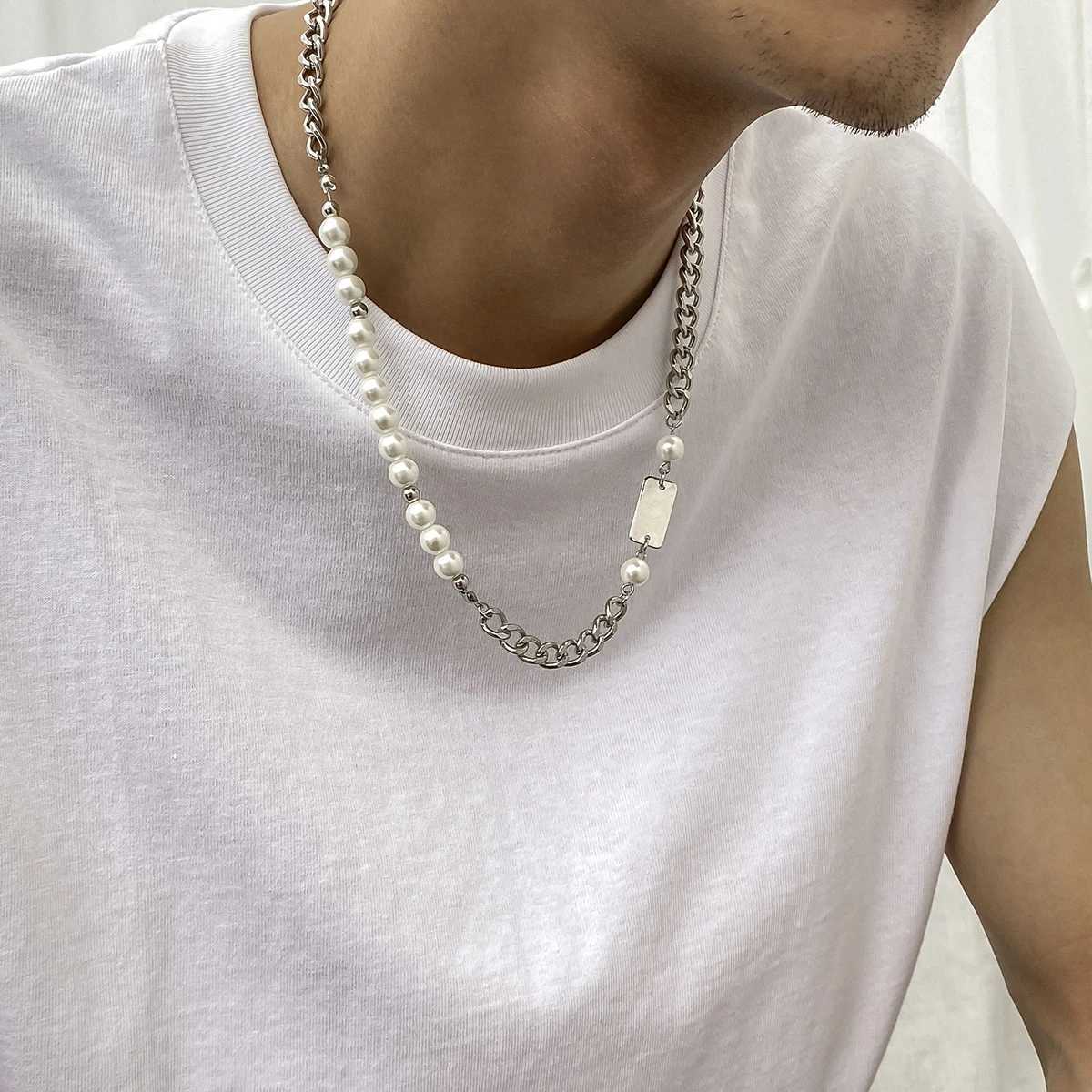 Hip Hop Asymmetric Curb Cuban Link Chain Necklace For Men Classic Imitation Pearl Beaded Collar High Quality Neo-gothic JewelryX241009