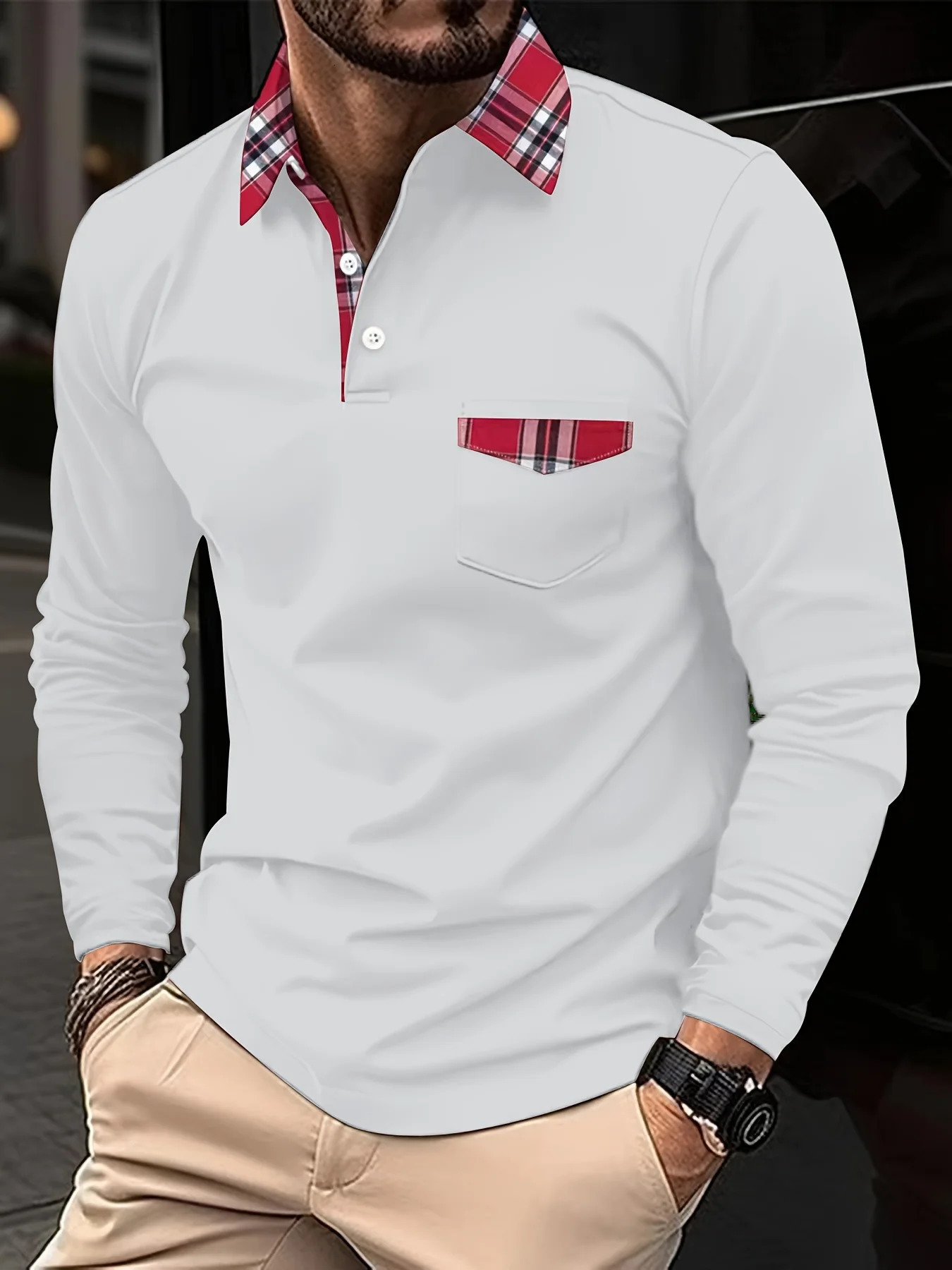Spring and Autumn Classic Mens Red Checkered Pocket Collar Button Long Sleeve Polo Shirt Mens Sports and Leisure Polo Shirt 241010