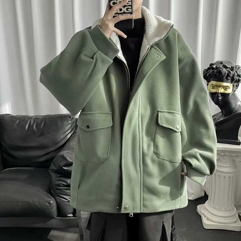 Blends Coats Men Fashion Solid Simple Leisure Wool Liner Warm Thick Retro Harajuku All-match Hip Hop High Street Jackets Cozy LX241010