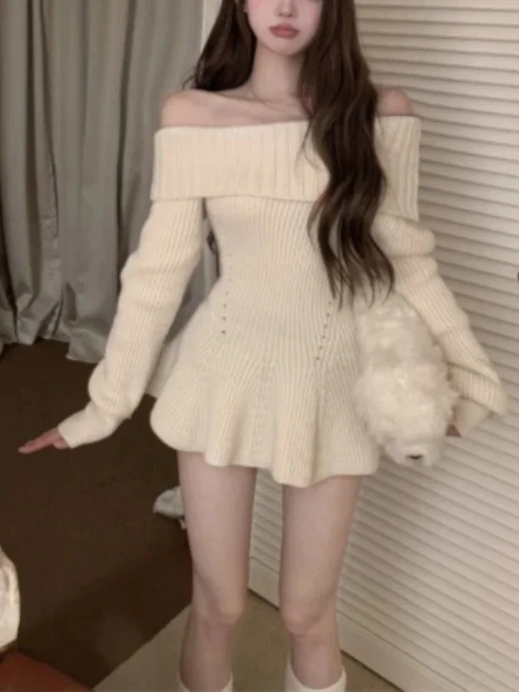 Off Shoulder Sweet Y2k Sweater Women Slash Neck Ruffles Knitted Slim Elegant Tops Female Korean Fashion Casual Pullovers 2024 241010