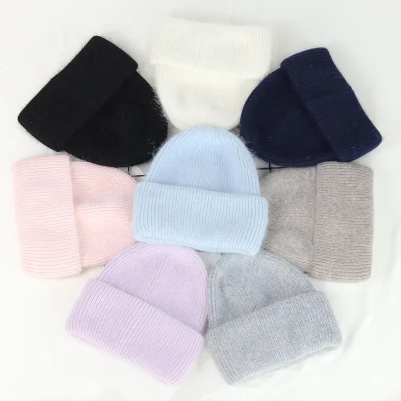 Winter Knitted Beanies Fashion Warm Cashmere Wool Skullies Angola Rabbit Fur Women Cap Female Three Fold Ski Outdoor Hats 241007
