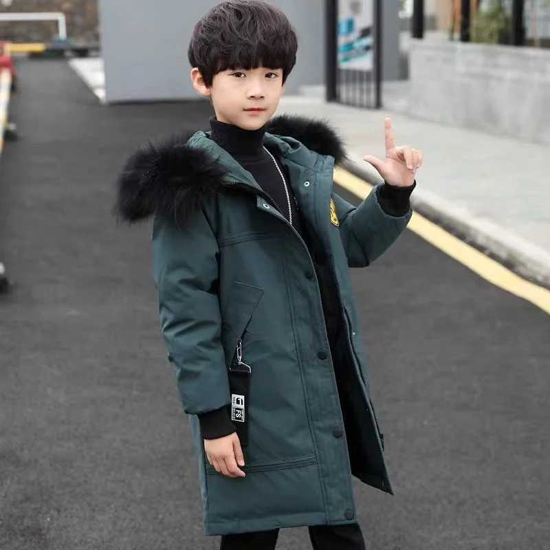 Down Coat New winter thick hooded jacket for boys with fur collar Parka snow jacket medium length warm down jacket H241010