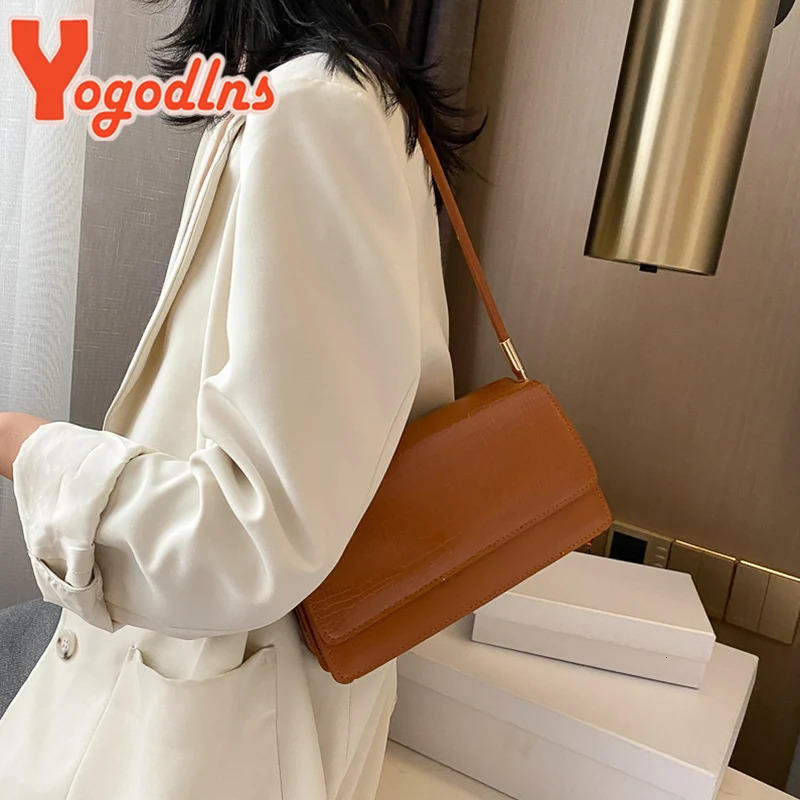Yogodlns Winter Alligator Pattern Shoulder Bag Womens Small Square Bag Flip Armrest Bag Retro Handbag 241008
