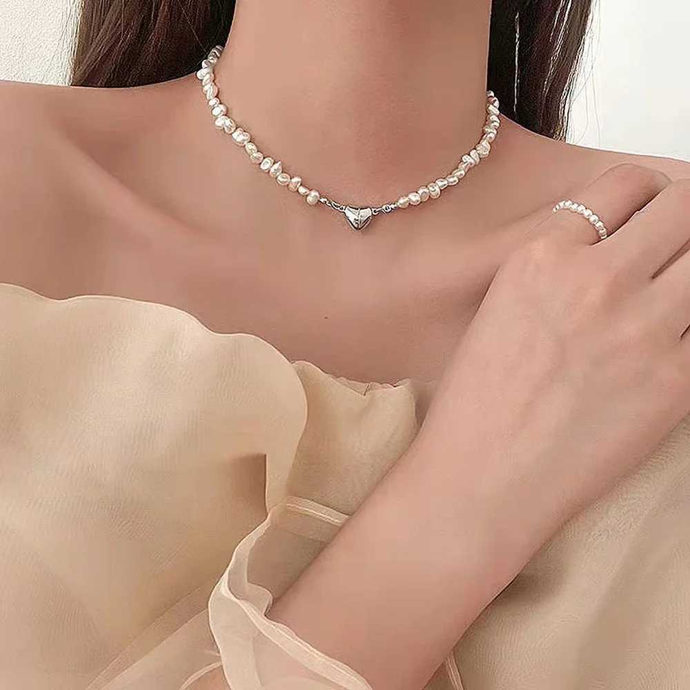 FSUNION 2024 Fashion Korean Pearl Chain Choker Necklace Magnetic Heart Pendant For Women Girls Jewelry Bridal Engagement GiftsX241009