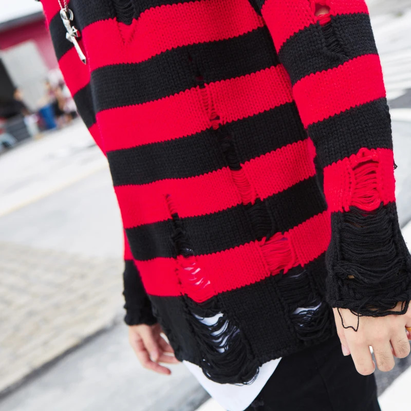 Black Red Striped Sweaters Washed Destroyed Ripped Sweater Men Hole Knit Jumpers Women Oversized Harajuku 240930