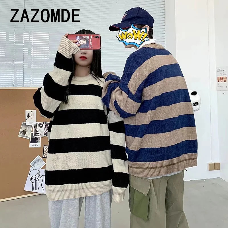 ZAZOMDE Couple Sweater Classic Autumn Striped Knitted Sweater Retro O-neck Pullover American Loose Harajuku Mens Retro Top 241007