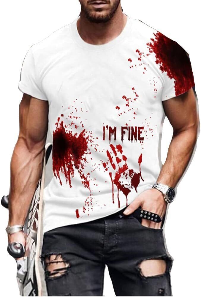 Mens T shirt I'M Fine Bloody Shirt Men Salem Halloween Funny Shirts Mens Horror Retro Tee 3D Pattern graphic tee Casual tops summer nice