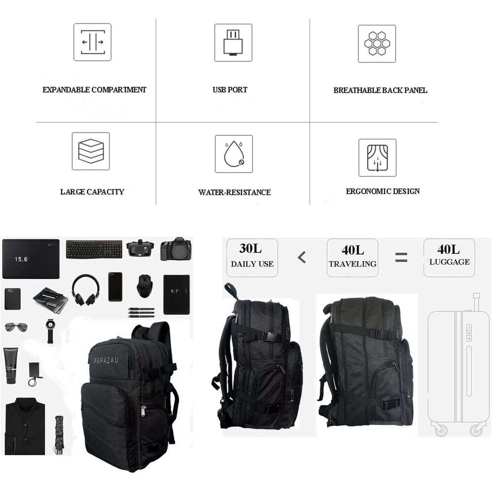 40L Travel Flight Approved Carry on Backpack Weekender Bag for Women Men (Grey)