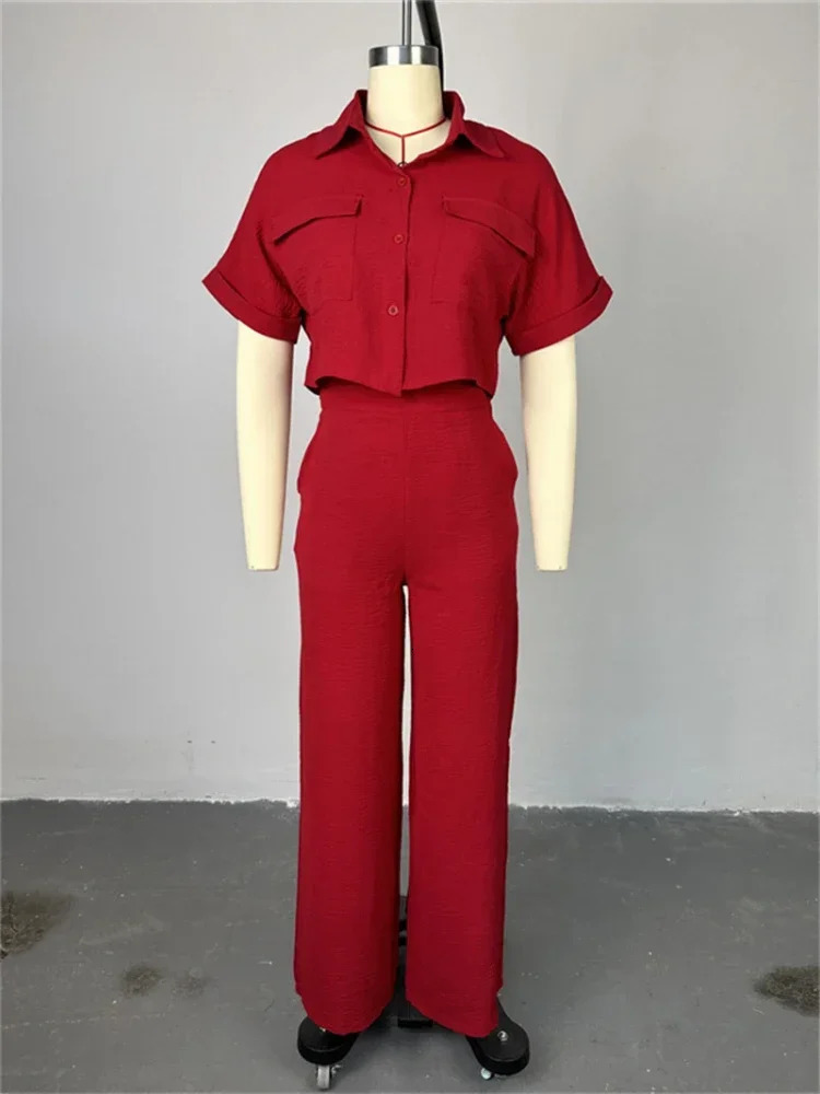 Laxsesu twopiece pants set casual womens lapel short sleeved Tshirtwide leg 241008