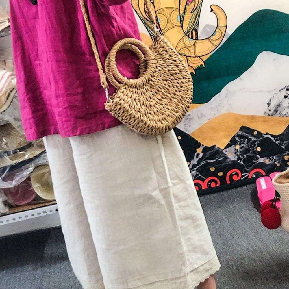 Mini Semi-circle Rattan Straw Bag, Hand-woven Women Summer Retro Tote Shoulder Crossbody Travel Beach Bag