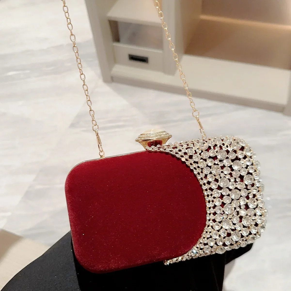 Black Red Velvet Womens Small Clutch Retro Fashion Crystal Diamond Evening Bag Chain Shuld Bag Womens Party Wallet 241008