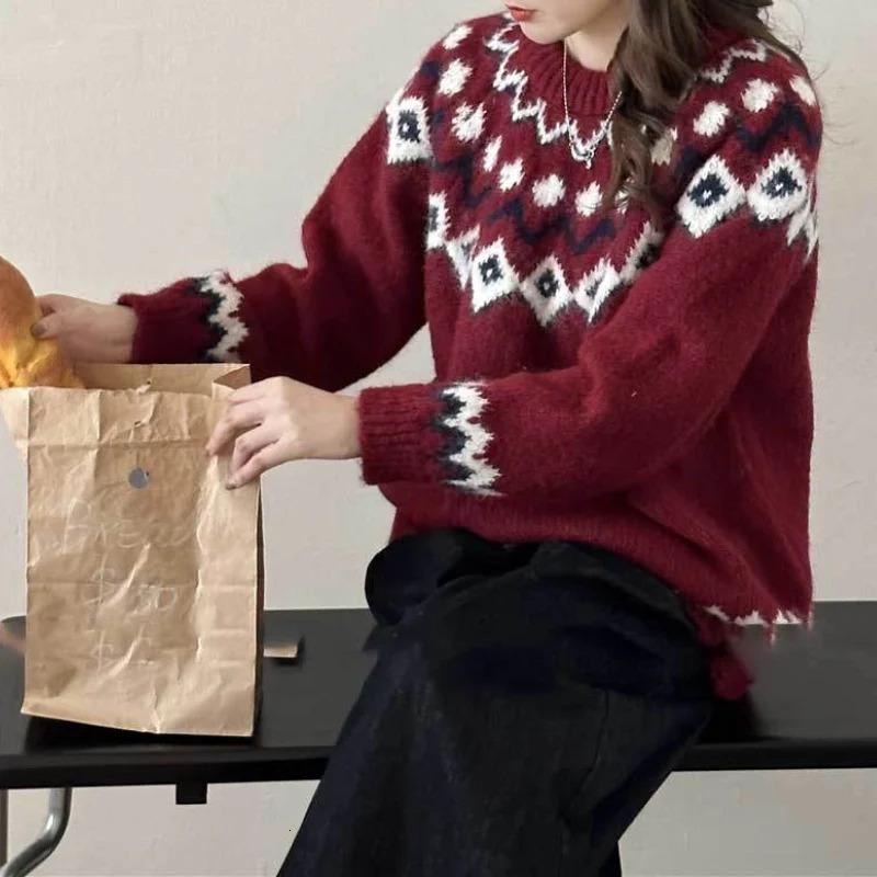 Deeptown Vintage Fair Isle Womens Sweater Korean Fashion Long Sleeve Knitted Zipper Loose Autumn Winter Preparatory Aguilar Parachute 241009