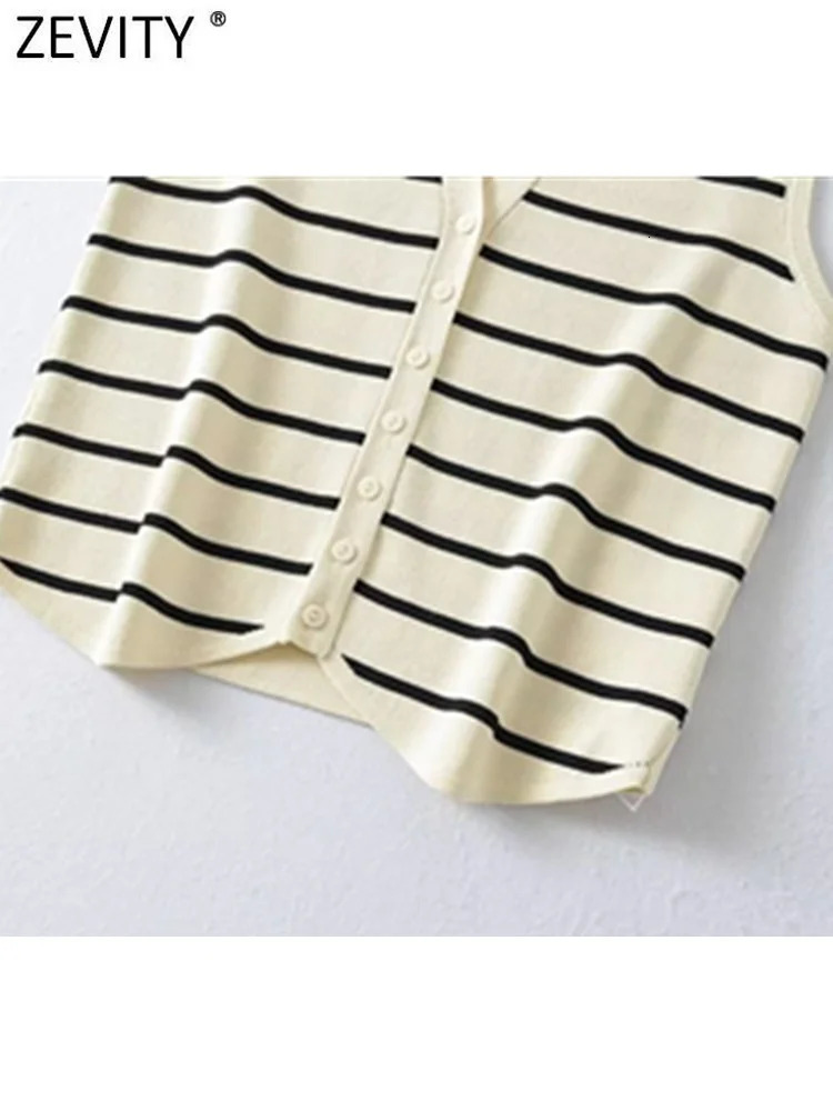 Zevity Women Fashion V Neck Sleeveless Striped Pattern Knitted Vest Sweater Female Chic Single Breasted Cardigan Tops SW4789 240924