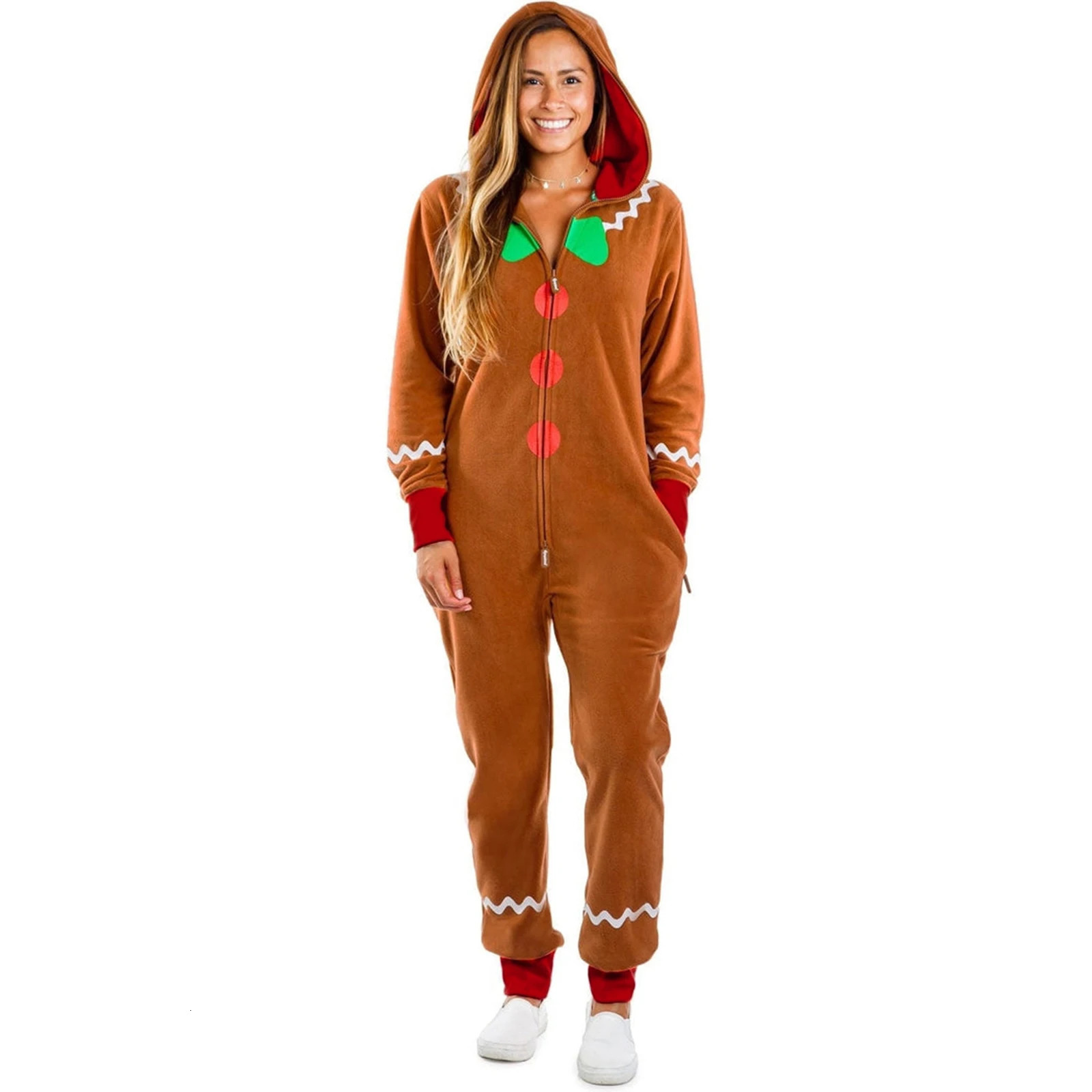 Adult Christmas costume gingerbread long sleeved zipper hooded jumpsuit suitable for womens party roleplaying 241007
