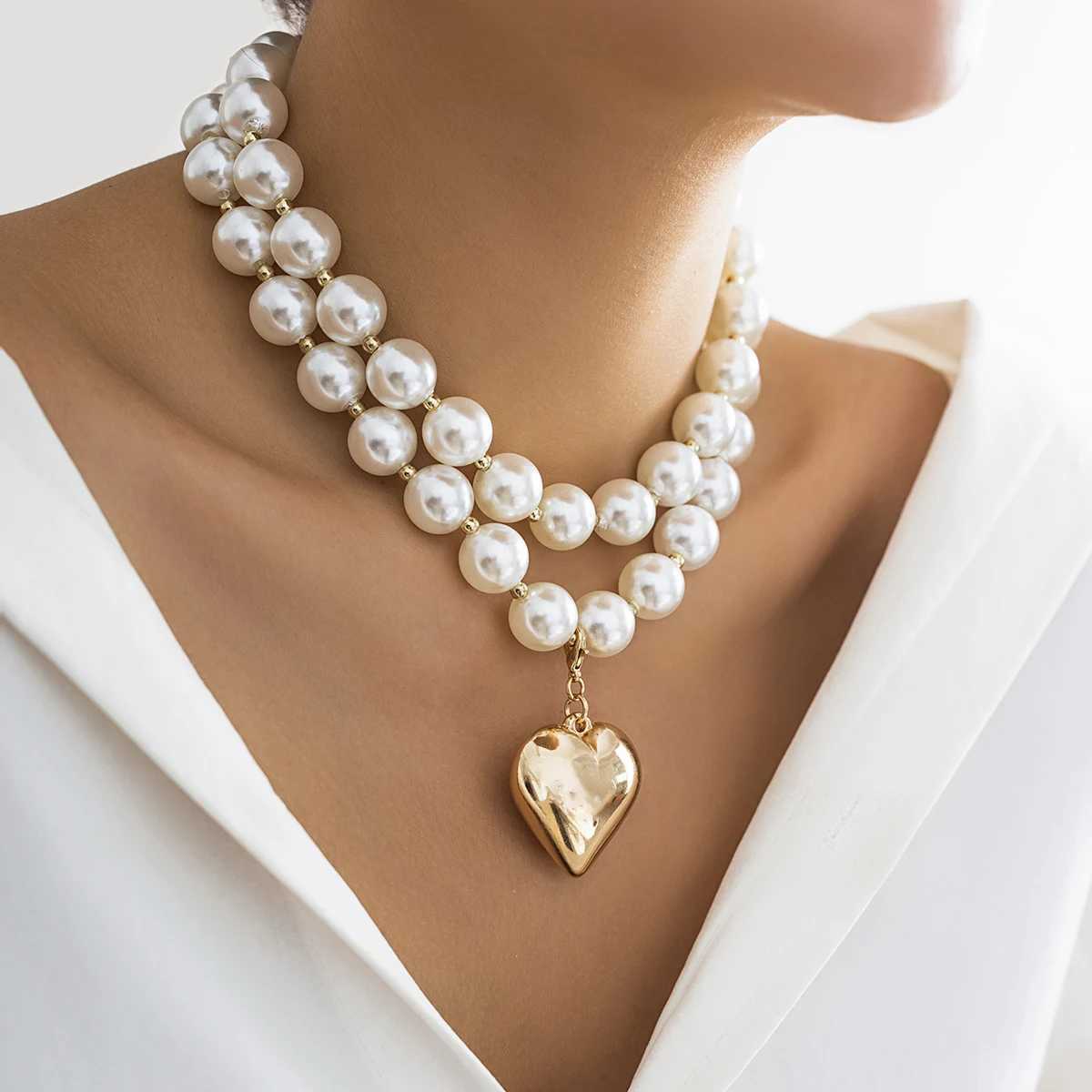 Lacteo Exaggerated Imitation Pearl Beads Necklace for Women CCB Big Heart Pendant Choker Jewelry On The Neck Collar Party GirlsX241009