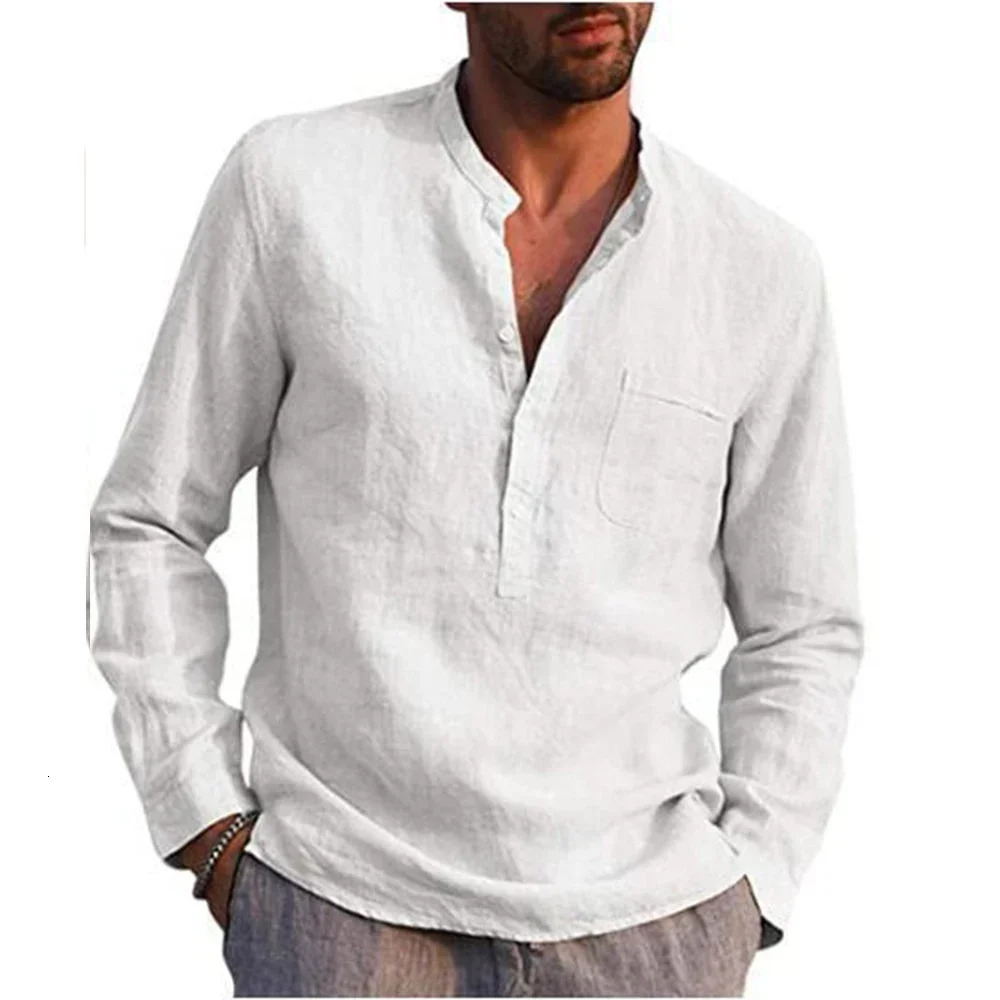 Cotton Linen Mens Long-Sleeved Shirts Summer Solid Color Stand-Up Collar Casual Beach Style Plus Size 241010