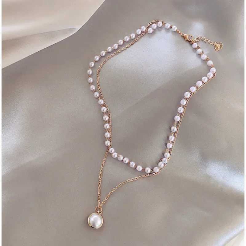 Simulated Pearl Necklace Cute Double Layer Neck Chain Pendant for Women Charm Choker 2023 Fashion Beads Chain Jewelry GiftX241009