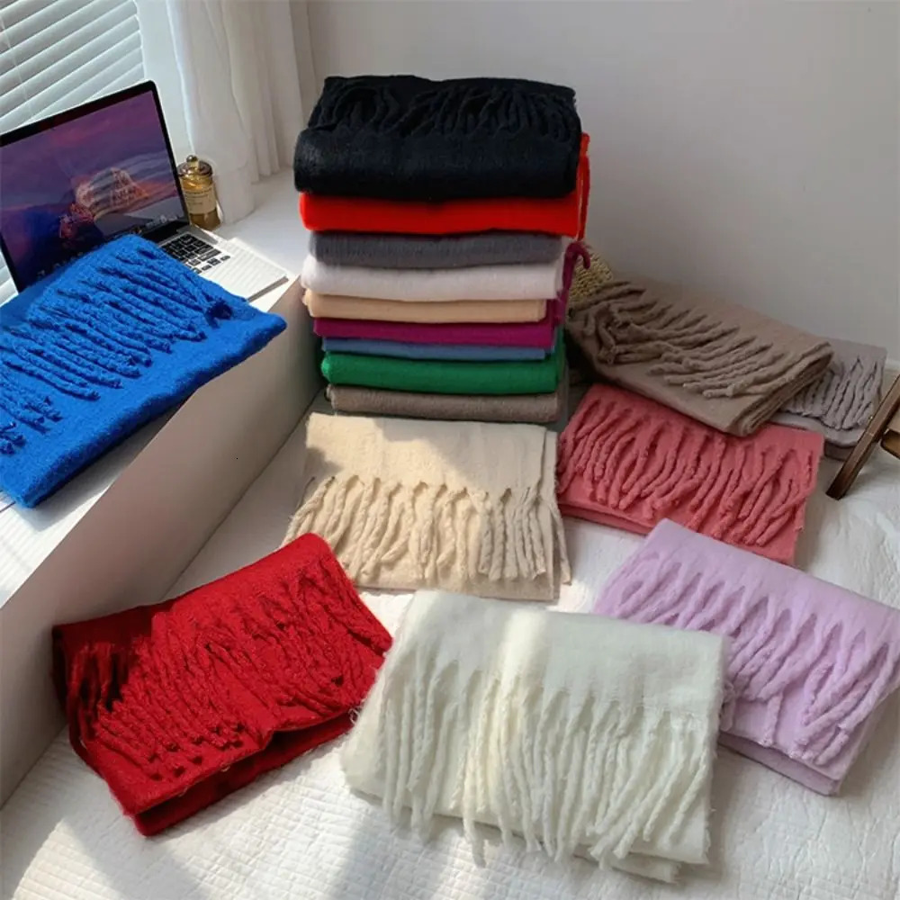 1PC Soft Winter Cashmere Scarf Solid Color Warm Long Tassel Scarves Mohair Thickened Wrap Shawls For Women Girls 241009