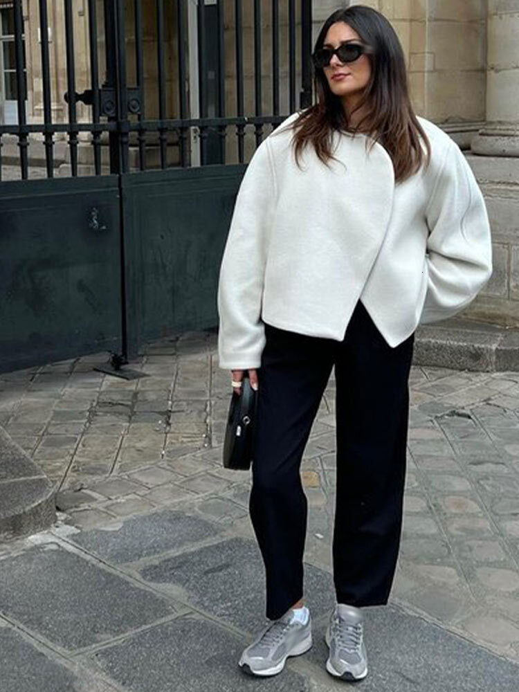 Casual Faux Fur Short Jackets Women Elegant Loose Round Neck Solid Street Cardigan 2024 Autumn Long Sleeves Outwears Lady