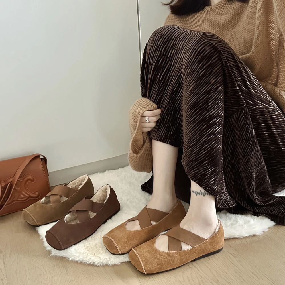 Autumn/Winter Cotton Shoes Cross Belt Mary Jane Womens Shoes Kai Si Mi Square Hair Shoes Womens Shoes 241007
