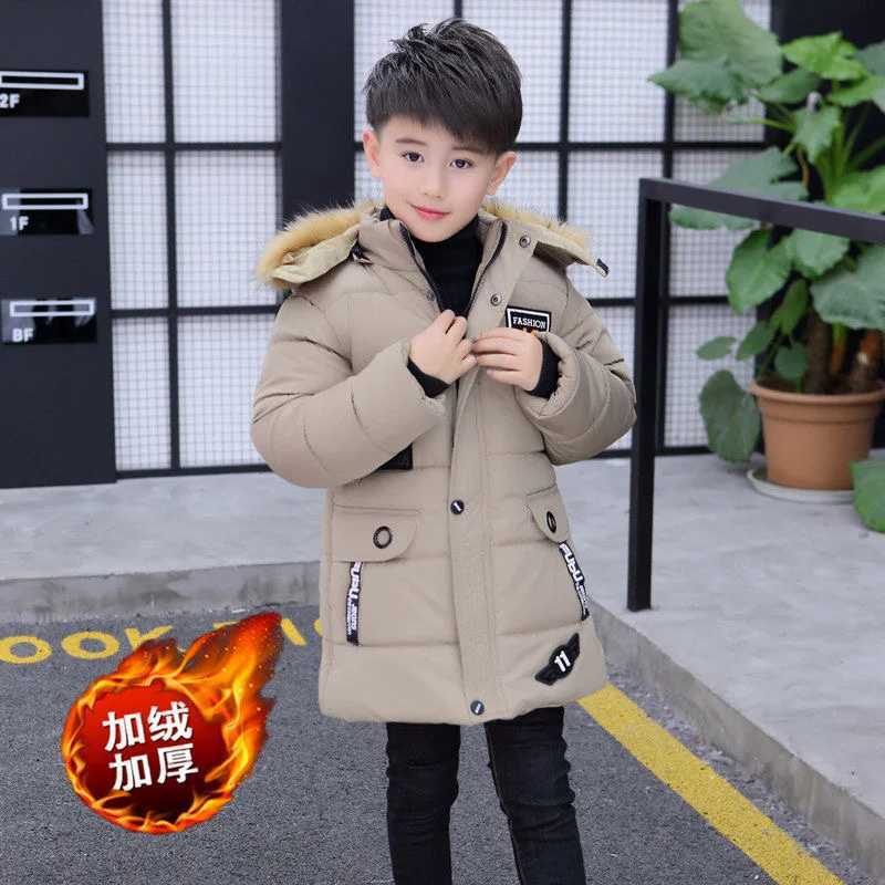 Down Coat 5 6 8 10 12 14 Years Big Boys Jacket Autumn Winter Plus Velvet Warm Teen s Jackets Fashion Mid length Zipper Hooded Boys Jacket H241010
