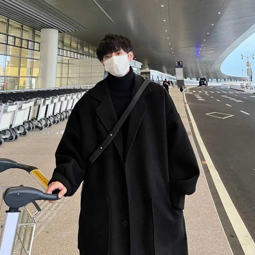 Winter trendy brand single-breasted mid-length woolen coat for men loose thickened warm windbreaker Korean style trendy for men LX241010