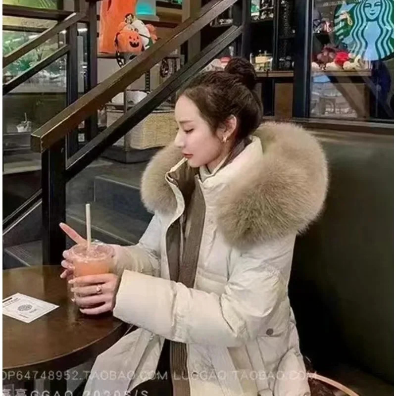 Winter womens thick coat fashionable and luxurious hair collar hooded windproof and warm waist white duck down jacket outerwear 241007