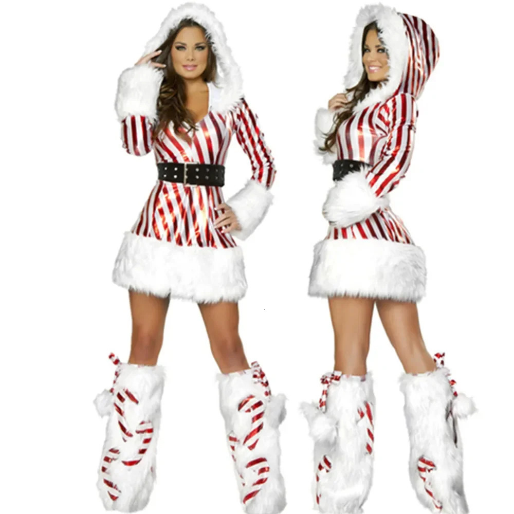 3pieceset womens Christmas hooded dress winter velvet striped Santa Claus roleplaying costume party fancy 241007