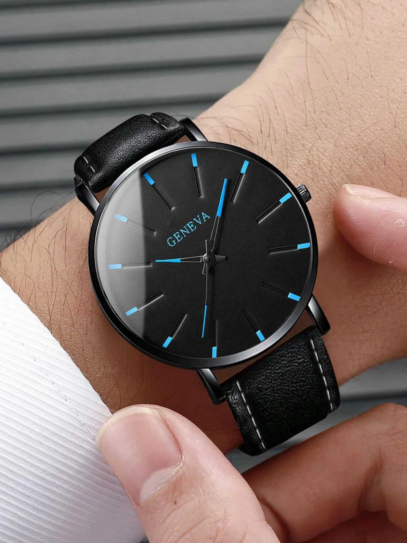 Watch + Bracelet 2023 Minimalist Mens Fashion Ultra Thin Watches Simple Men Business PU Leather Strap Quartz WatchX241010