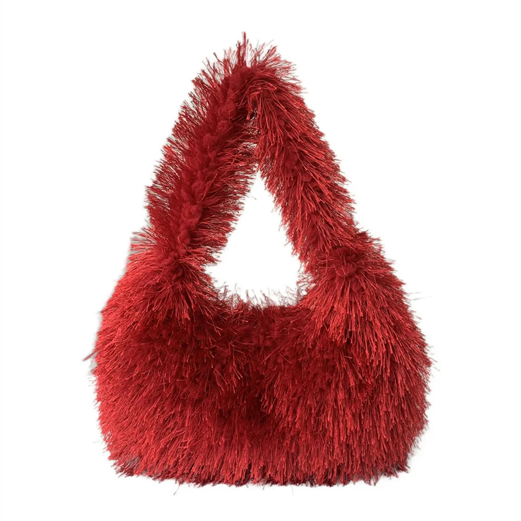 Fuzzy soft plush neon red fluffy homeless bag suitable for girls female college students candy color cute and fashionable small square bag 241008
