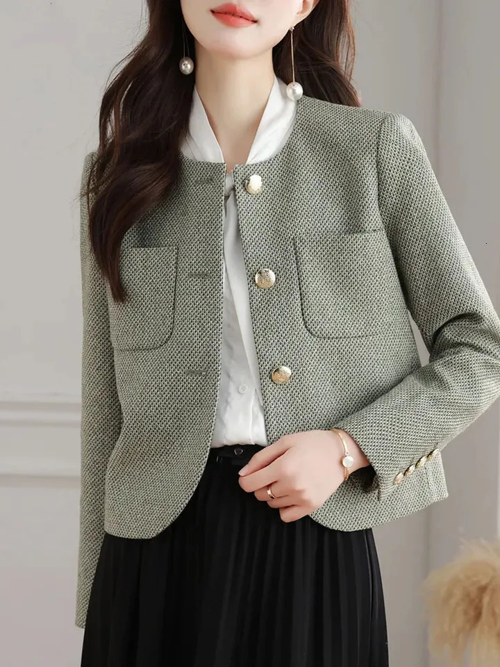 Jmprs Korean fashion coarse woolen jacket womens casual fashion long sleeved elegant jacket sweet O-neck womens autumn and winter jacket style 240930