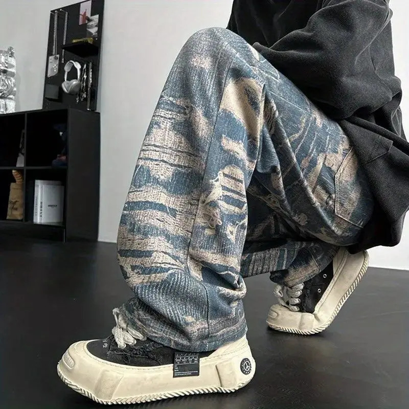 Autumn American High Street Mens and Womens Fashion Personalized Full Print Laundry Jeans Straight Fit Loose Hip Hop Casual Pants y2k 240929