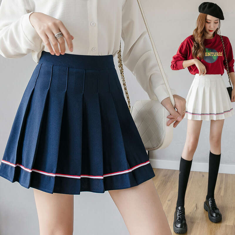 Women's pleated with colorful stripes 2024 new high waisted autumn and winter A-line student school style anti glare short pants skirt