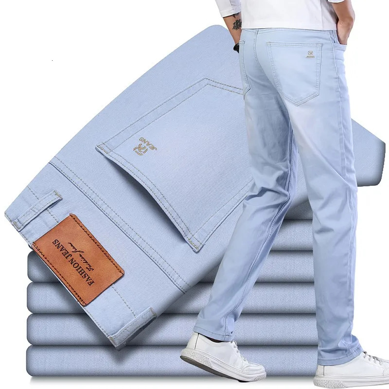 denim jeans mens classic slim fit summer autumn business casual light blue elastic cotton Trouser 240929