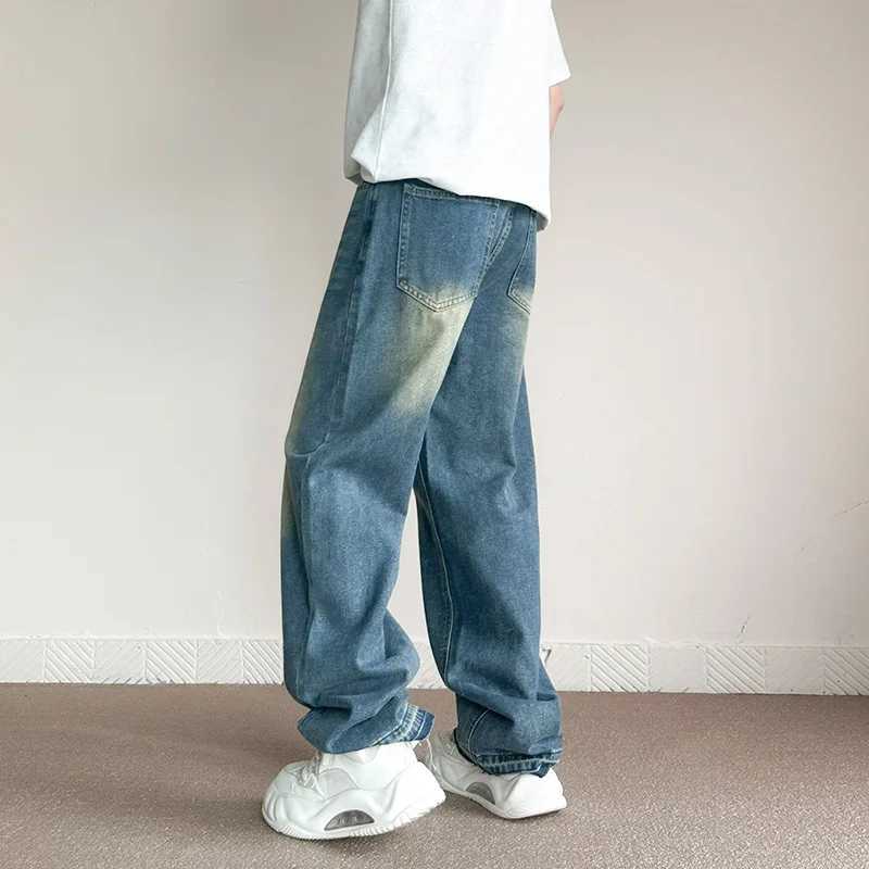 Streetwear Vintage Blue Wide Jeans Men Korean Fashion Washed Casual Trousers Male Straight Personality Baggy Denim PantsX241009