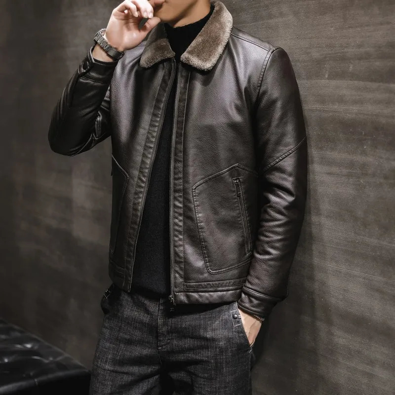 Winter leather jacket mens fashionable lapel plush thick fur casual mens leather jacket fashionable jacket 241010