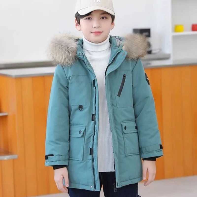 Down Coat 5-12 New Winter Boys Thick Coat Keep Warm and Fashionable Fur Collar Jacket Hooded Zipper Boys Coat Childrens Clothing H241010