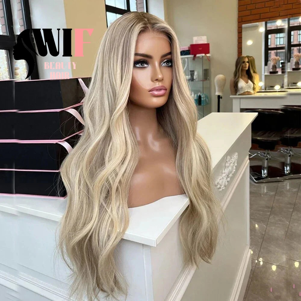 WiFi Body Wave Ombre Blonde Synthetic Lace Wig Long Wave Natural Hair Hagen Grey Blonde Lace Front Wig Makeup Use Hair 241007