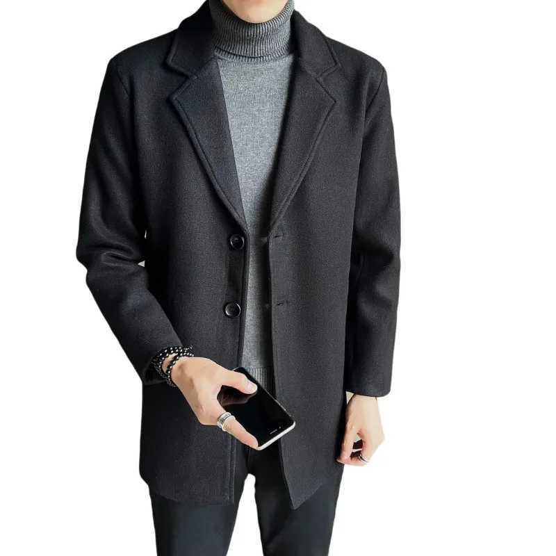 Trend Mens Autumn and Winter Mid Length Solid Color High Quality Woolen Coat Business Casual Turn-down Collar Mens Top LX241010