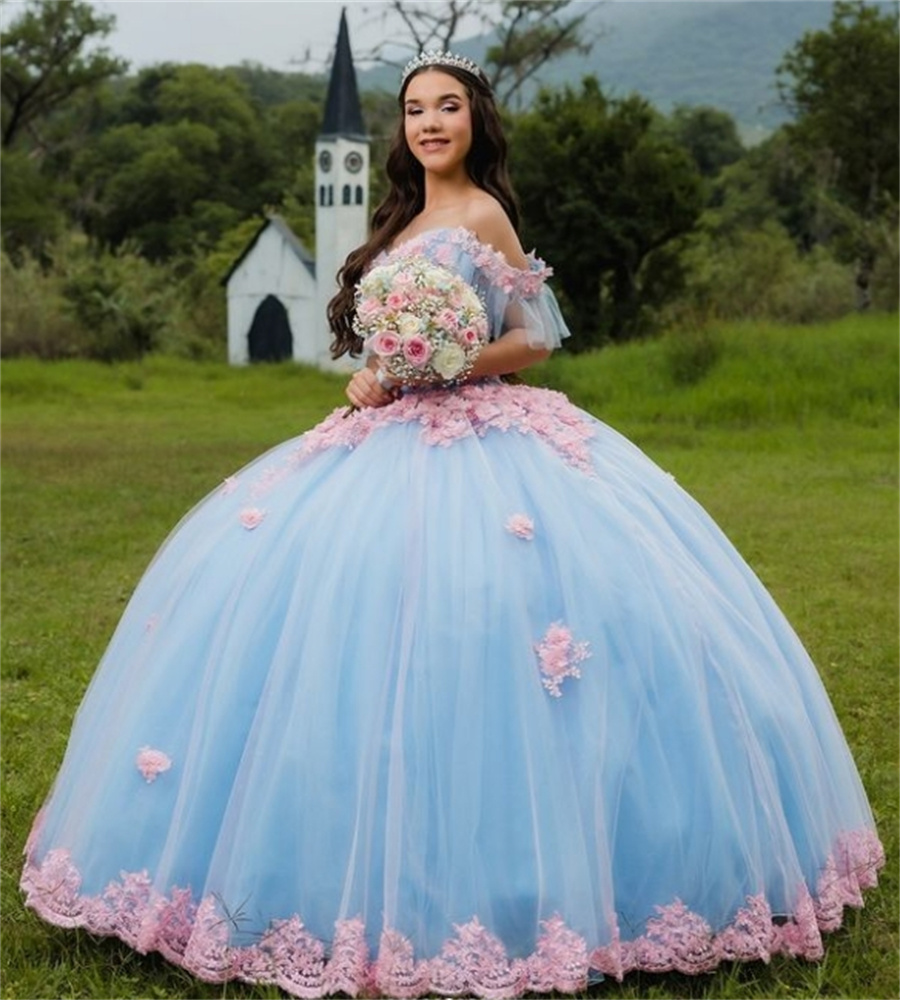 Fairy Charro Quinceanera Dresses Blue And Pink 3D Florals Sweetheart Lace Vestidos De 15 Xv Anos Corset Birthday Sweet 16 Party Vestido De Debutante 1