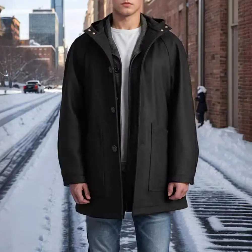 Casual Men Coat with Hooded Stylish Mens Woolen Hooded Coat with Pockets Single Breasted Mid-length Outwear for Winter Fashion LX241010