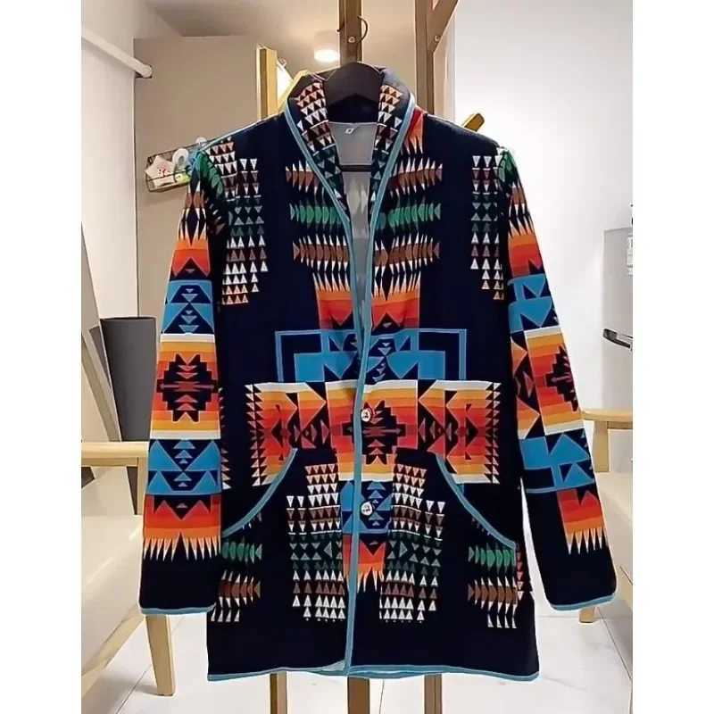 Mens Jackets And Coats Ins Spring/Autumn Printing Fashion Jacket Geometric Turn-down Collar Single Breasted Woolen Oversized Men LX241010