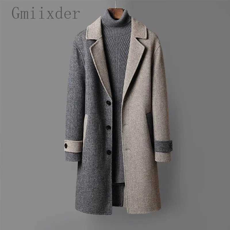 Korean Trench Coat Autumn Winter Men Mid-length Woolen Coat Youth Japan Loose Windbreaker Suit Collar Color Match Jacket Urban LX241010
