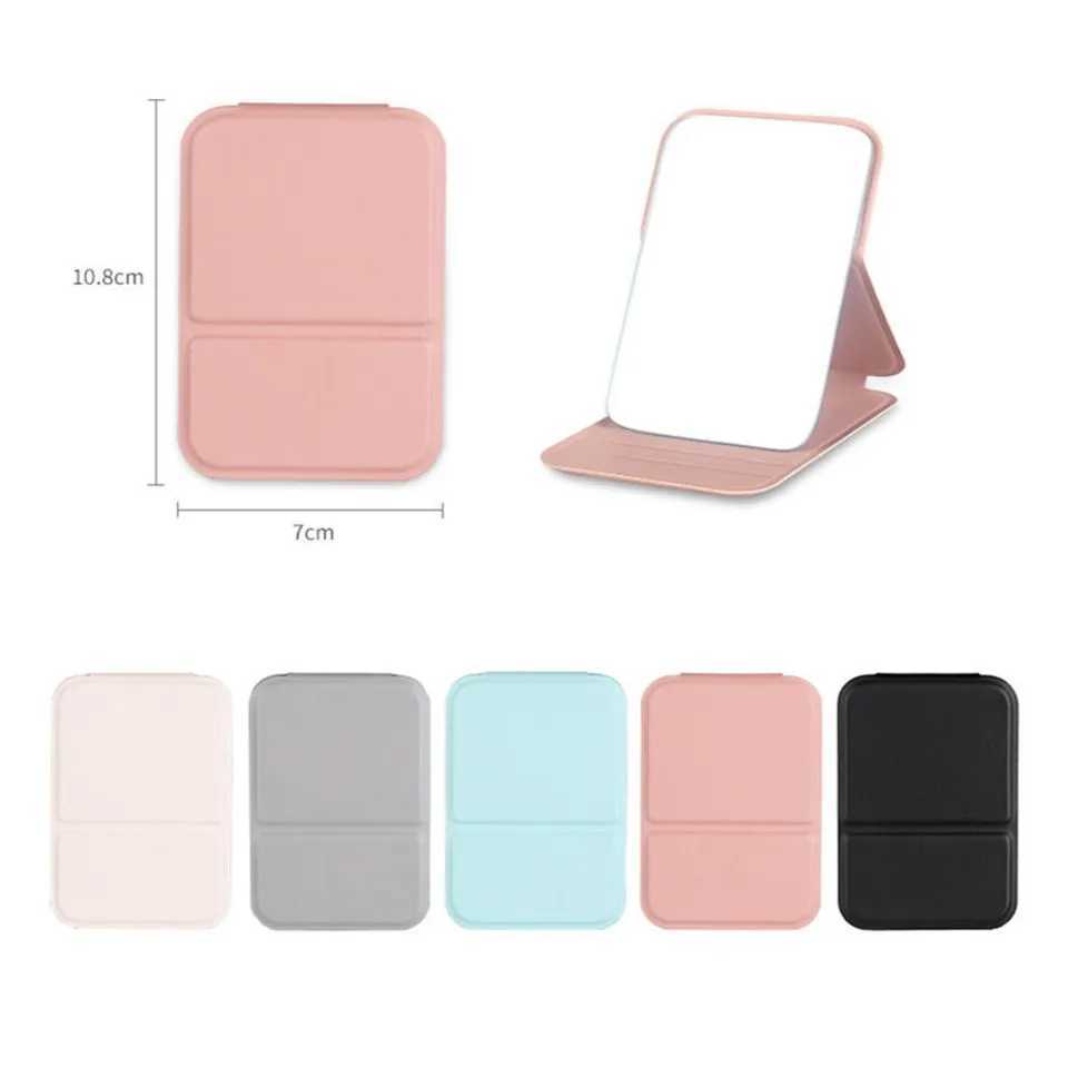 Solid color desktop makeup mirror Pu leather simple portable handheld makeup mirror foldable student compact pocket mirror W240813