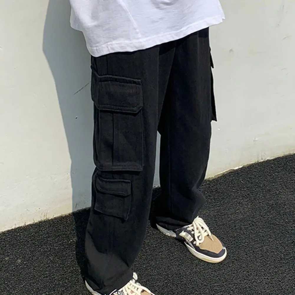 Mens cargo pants straight pants with multiple pockets solid color brushed elastic waist work and leisure pants W241009
