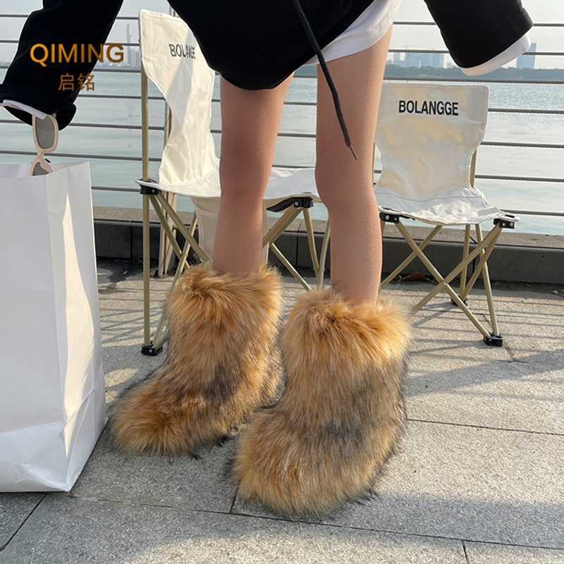 Winter Women Fluffy Faux Fox Fur Boots Woman Plush Warm Snow Boots Luxury Footwear Girls Furry Fur Bottes Fashion Winter Shoe Y241010